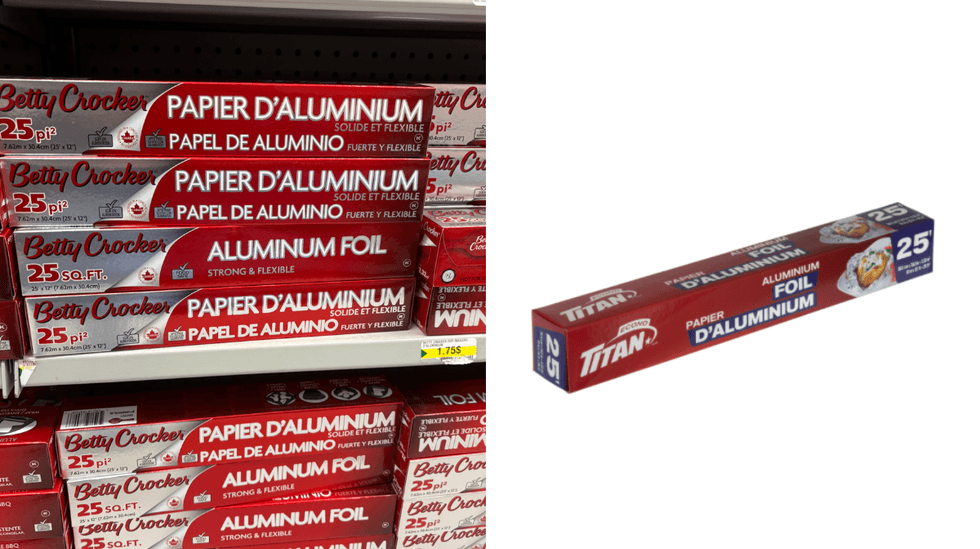 Papiers d'aluminium au Dollarama. Droite : Papier d'aluminium du Canadian Tire.