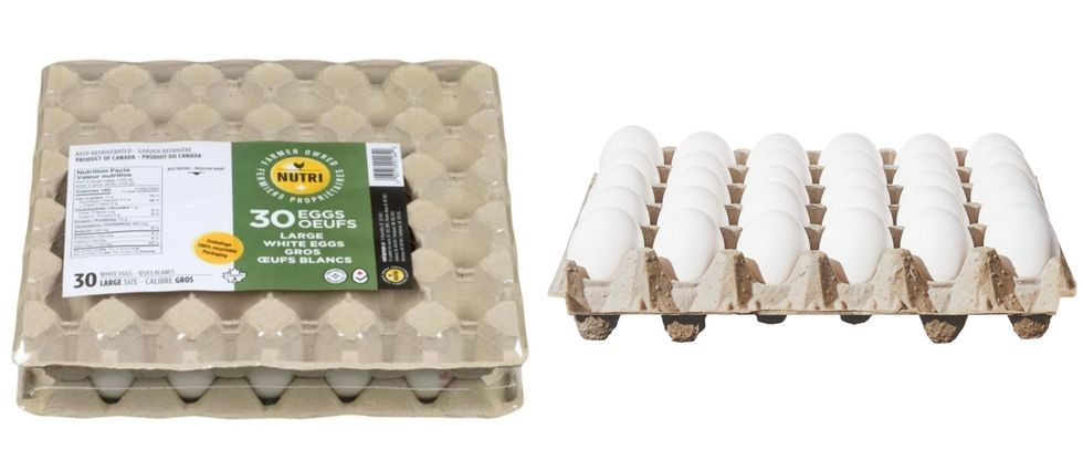 paquet de 30 oeufs de la marque Nutri sur fond blanc. droite : paquet de 30 oeufs de la marque sans nom sur fond blanc