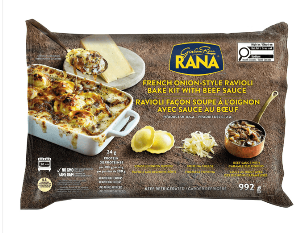 Paquet de raviolis fa\u00e7on soupe \u00e0 l\u2019oignon avec sauce au b\u0153uf Rana vendu au Costco.