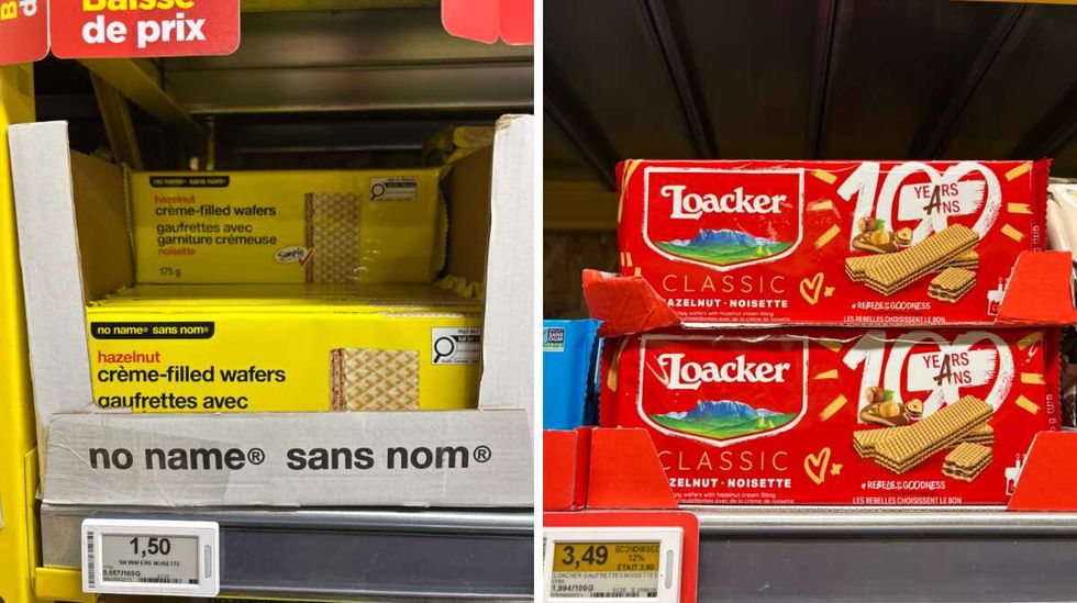 Paquets de gaufrettes \u00e0 la noisette de marque sans nom. Droite : Paquet de gaufrettes \u00e0 la noisette de marque Loacker.