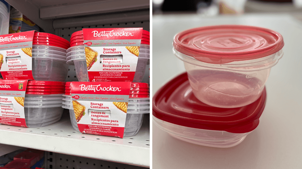 Paquets de quatre plats de rangement sur les tablettes du Dollarama. Droite : plats de rangement sur un comptoir.