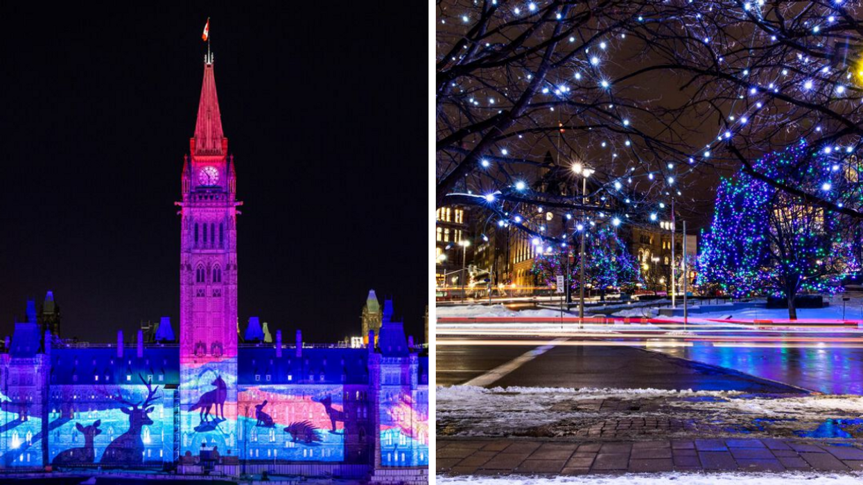 Parlement d'Ottawa. Droite : Rue illuminée d'Ottawa.