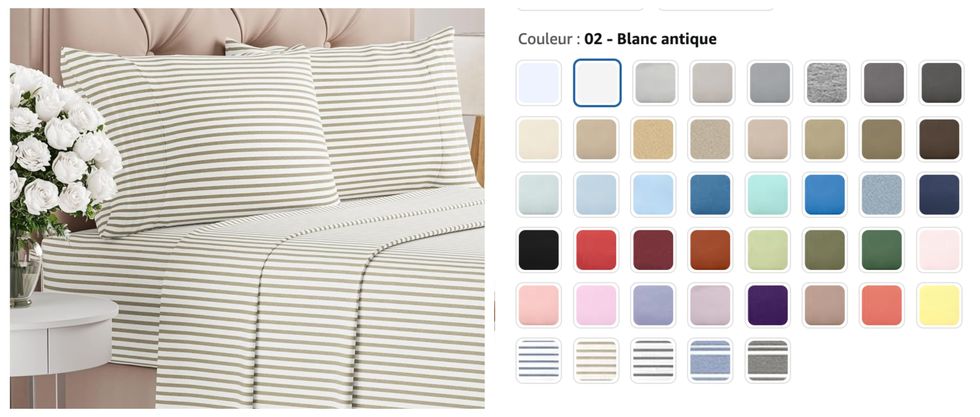 Parure de lit 4 pi\u00e8ces unisexe \u00e0 vendre du Amazon. Droite : Les options de couleurs.