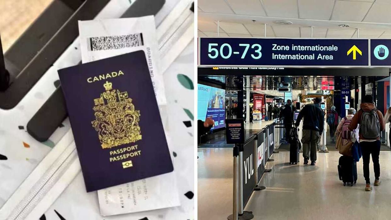 Passeport canadien et bagages. À droite : Aéroport de Montréal - la zone internationale.
