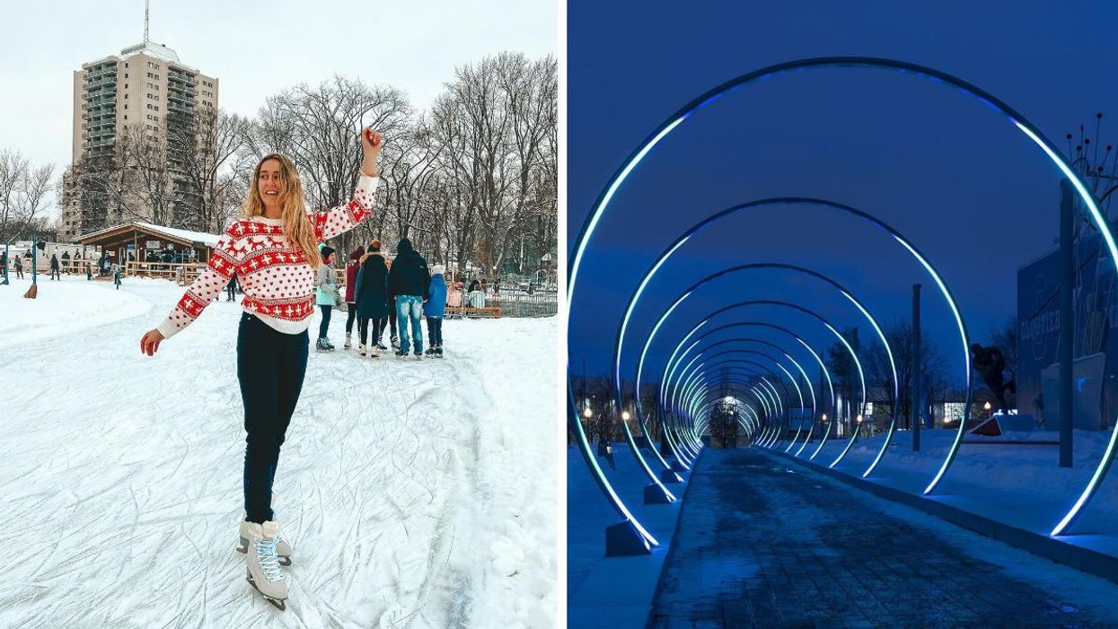 Patineuse sur les plaines d'Abraham. Droite : Installation Plein les yeux et les oreilles.