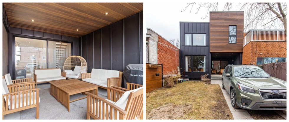 Patio. Droite : Cour et stationnement.