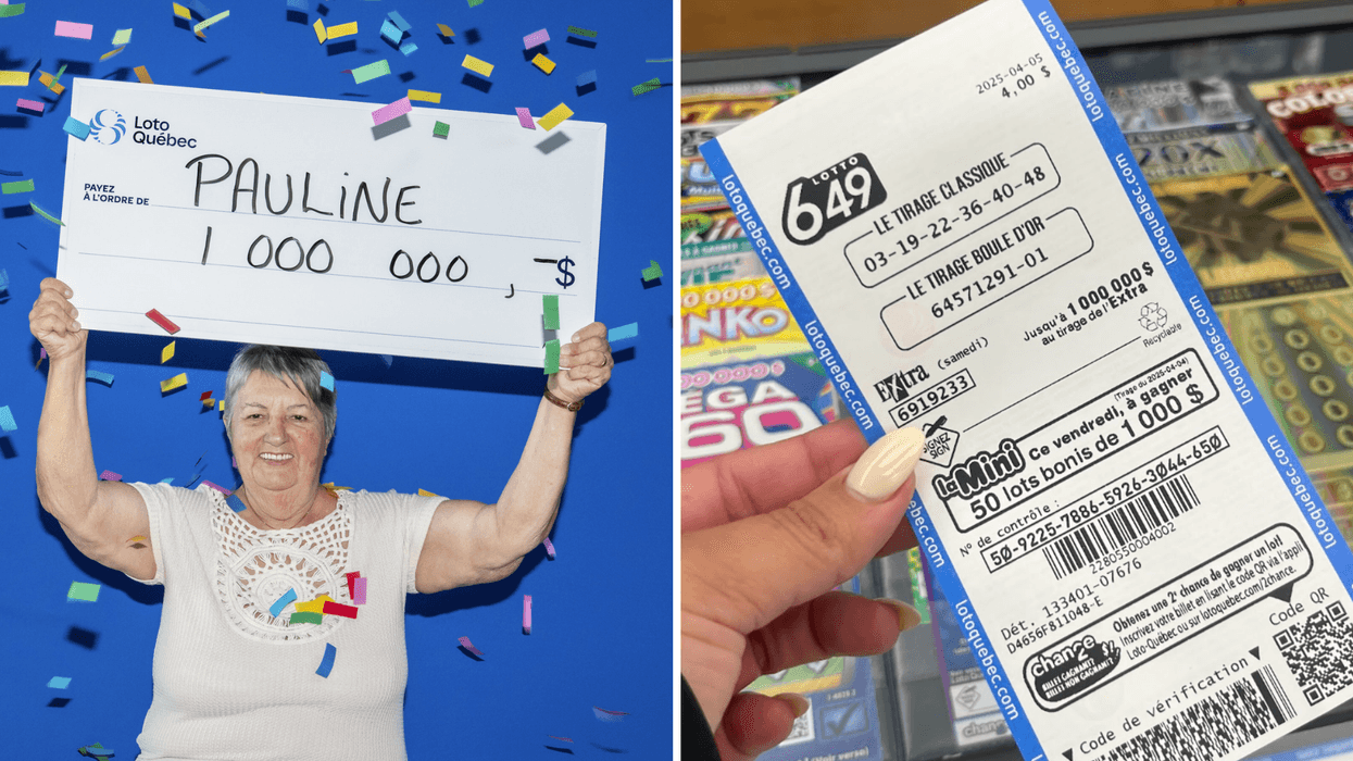 Pauline Lafontaine Gravelle. Droite : Un billet de Lotto 6/49.