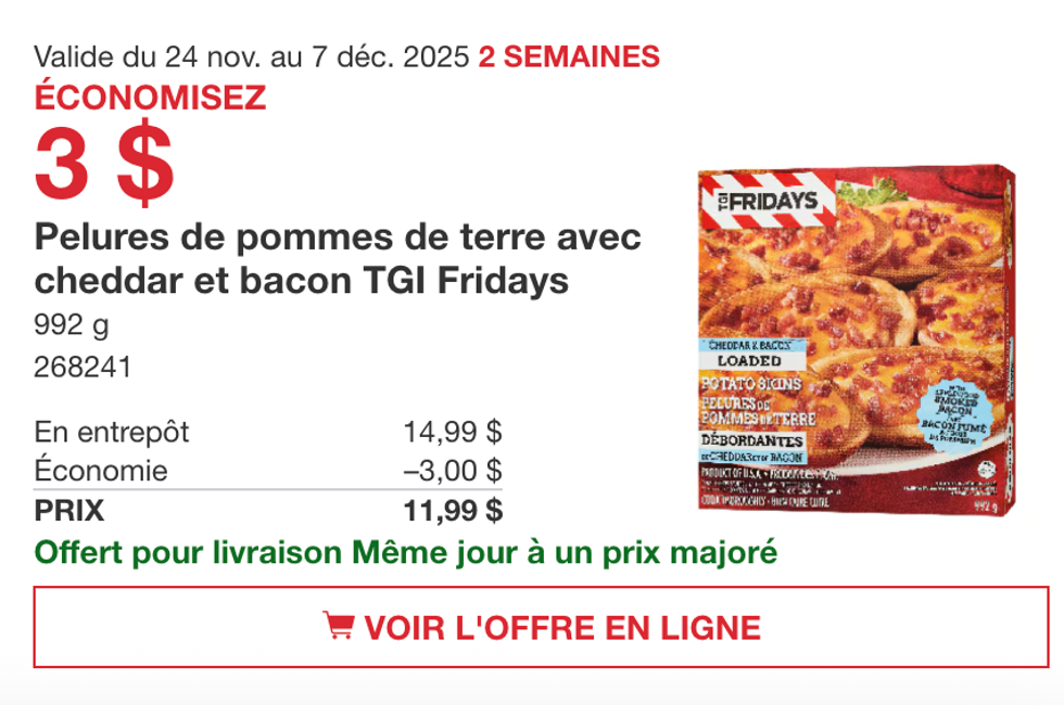 Pelures de pommes de terre avec cheddar et bacon TGI Fridays sur le site de Costco.