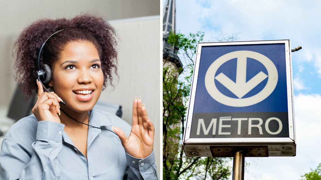 Personne au service à la clientèle. Droite : Panneau de la Société de transport de Montréal.