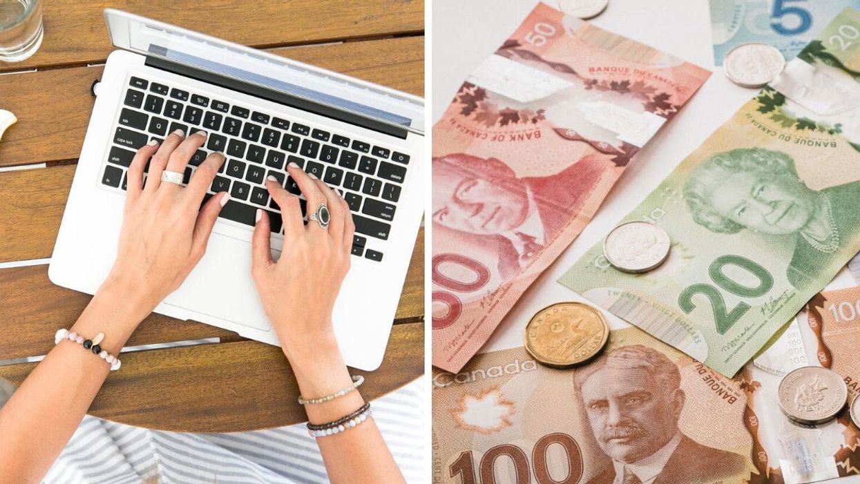Personne devant un ordinateur portable. Droite : Argent canadien.