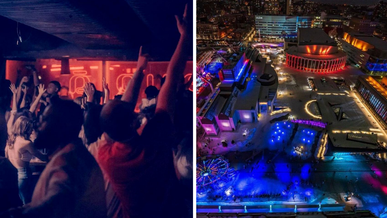 Personnes dans un bar. Droite : MTL en Lumière.