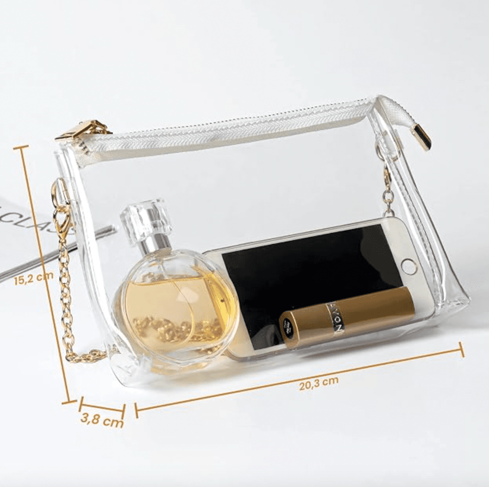 Petit sac transparent avec cha\u00eenette dor\u00e9e.