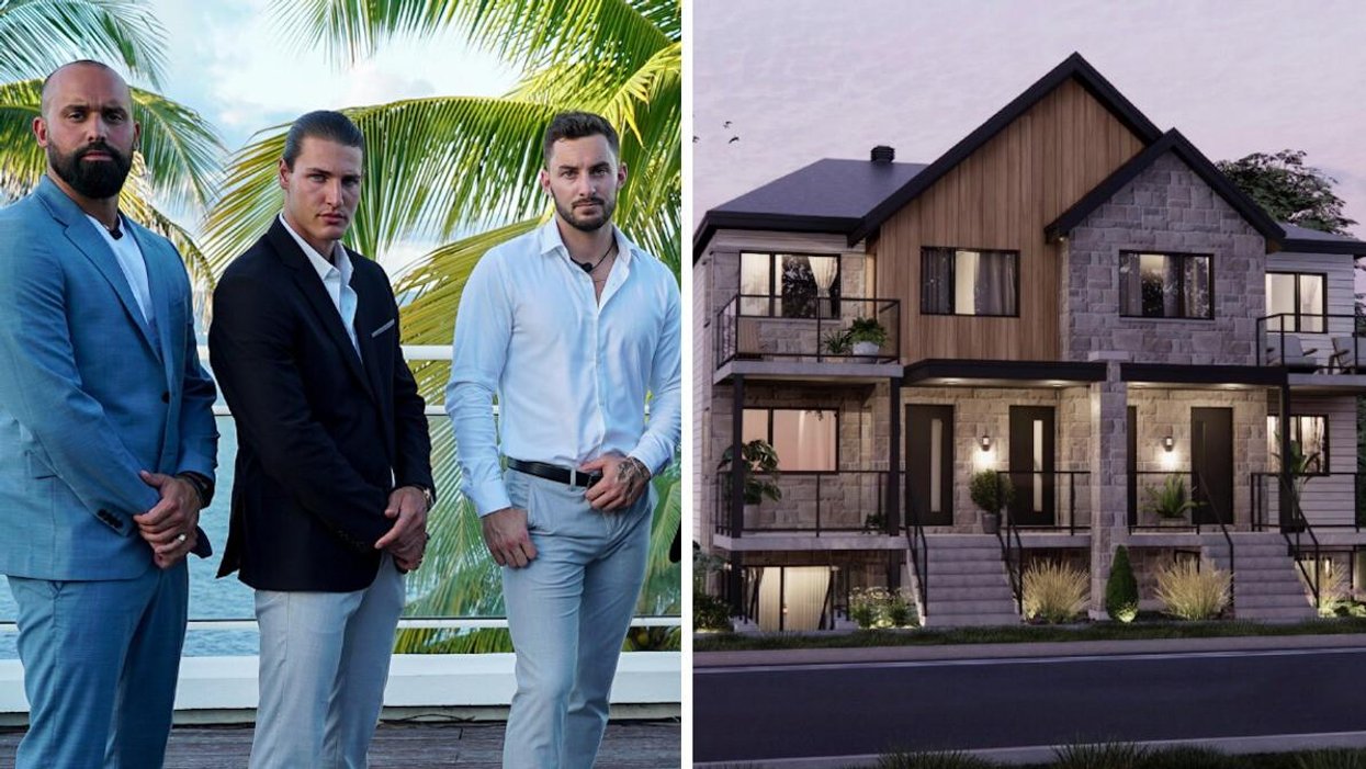 Philippe, Isaack et Jonathan d'Occupation Double. Droite : Condo Finstar des gagnants d'OD.