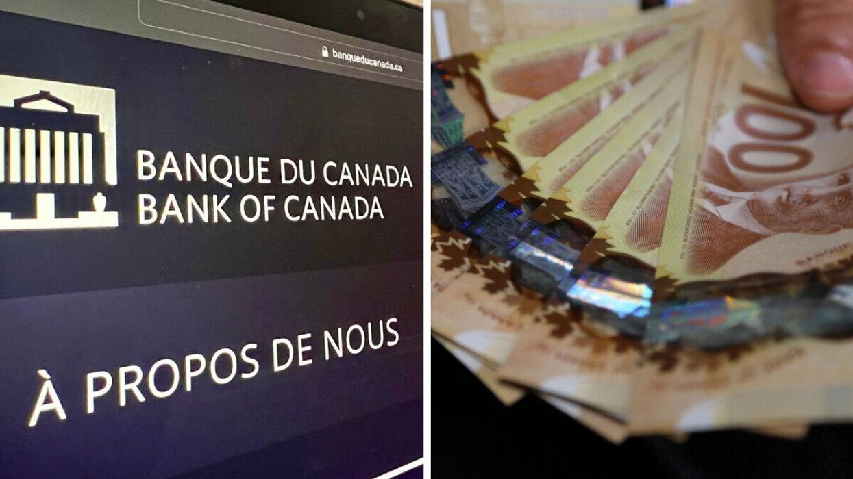 Photo du logo et du site Web de la Banque du Canada. Droite : un main tient des billets de 100 $ placés en éventail.