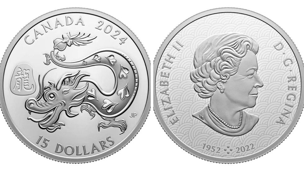 Pi\u00e8ce de monnaie arborant un motif de dragon. Droite : Pi\u00e8ce de monnaie arborant le portrait de la reine Elizabeth II.