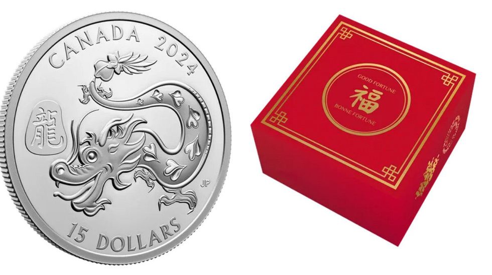 Pi\u00e8ce de monnaie arborant un motif de dragon. Droite : \u00c9l\u00e9gant \u00e9tui rouge de style chinois.