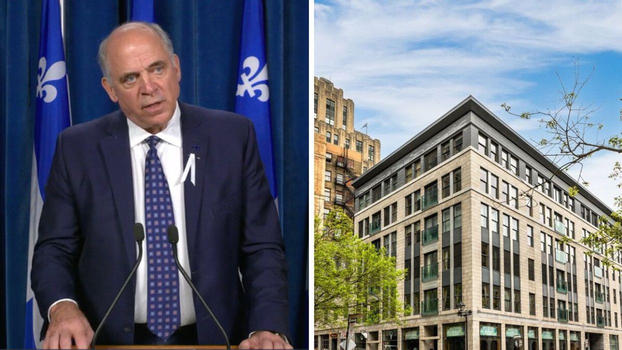 Pierre Fitzgibbon en 2022. Droite : Façade d'un immeuble à Montréal.