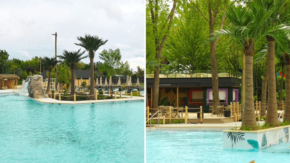 Piscine du Lagon Tropical au Super Aqua Club. Droite : \u00celot gourmand au Super Aqua Club.