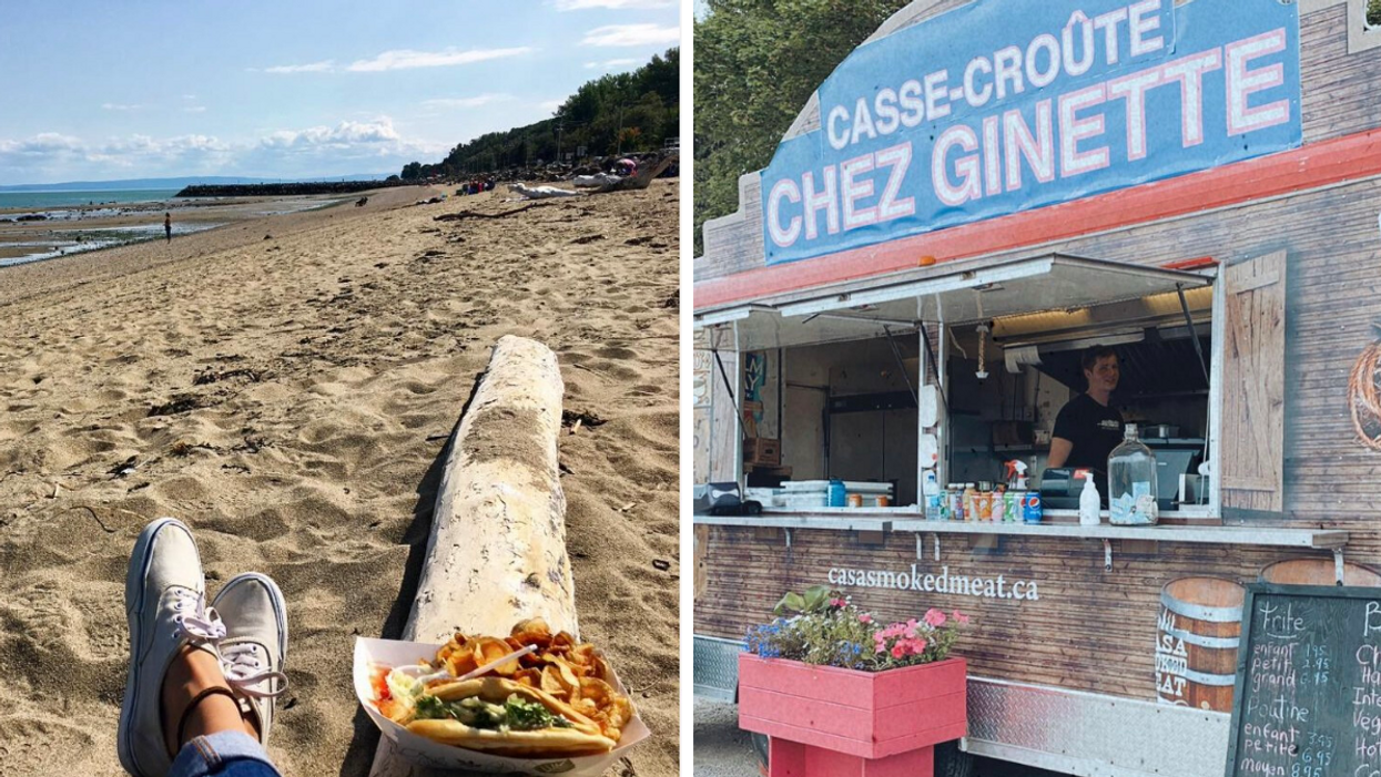 Plage Saint-Irénée et poutine. Droite : Casse-Croûte Chez Ginette. 
