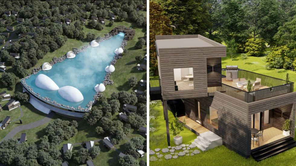 Plan d'un g\u00e9oLagon entour\u00e9 de chalet en \u00e9t\u00e9. Droite : Plan d'un chalet des villages g\u00e9oLAGON en \u00e9t\u00e9.