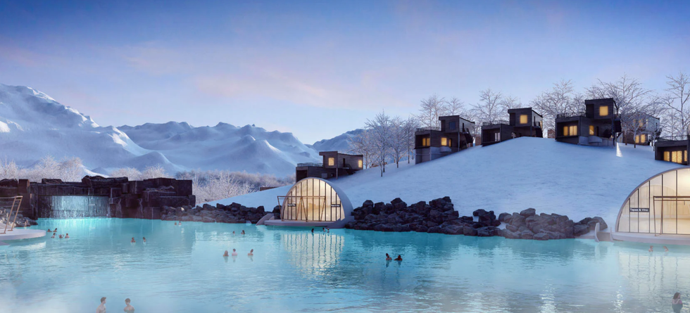 Plan du projet g\u00e9oLAGON, des pavillons en d\u00f4me et des chalets devant le lagon avec des baigneurs en hiver.