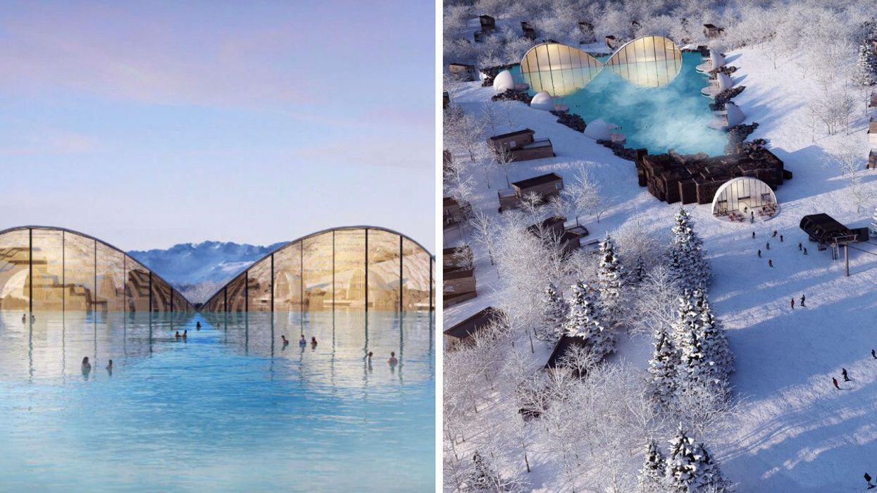 Plan du projet géoLAGON, le pavillon en dôme double devant le lagon avec des baigneurs en hiver. Droite : Le pavillon en dôme double devant le lagon avec des baigneurs, au pied d'une piste de ski et entouré de chalets en hiver.