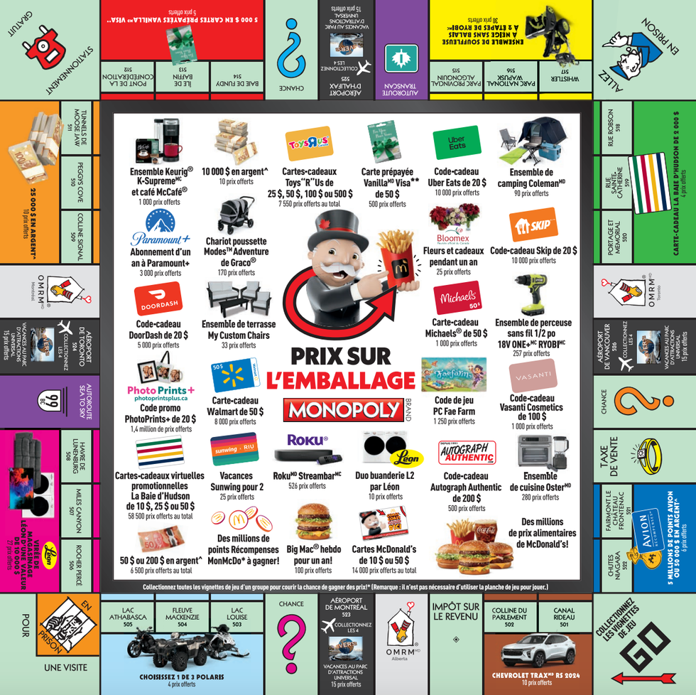 Planche de jeu du Monopoly d'Ici 2023 chez McDonald's Canada.