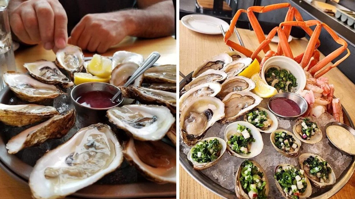 Plat d'huîtres. Droite : Plateau de fruits de mer.