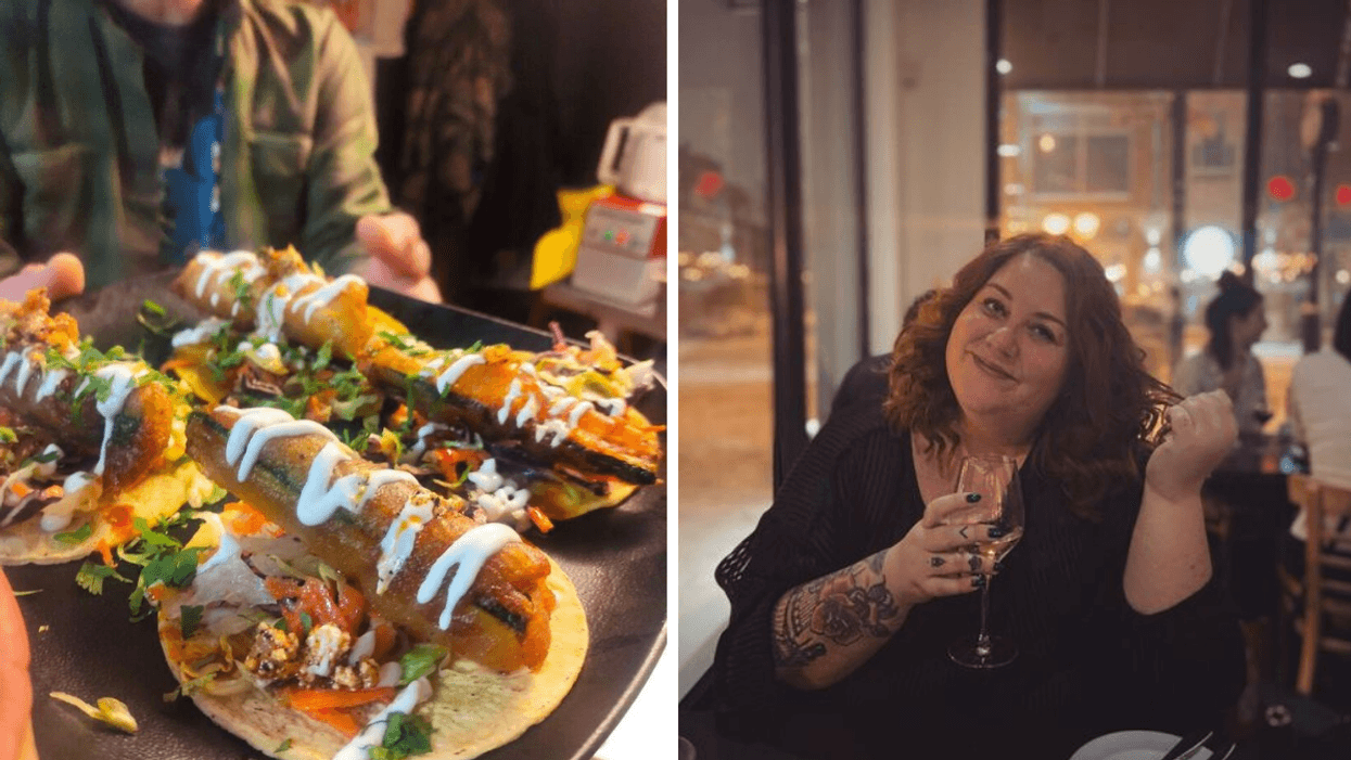 Plat du restaurant Caifan à Montréal. Droite : Personne au restaurant État-Major.