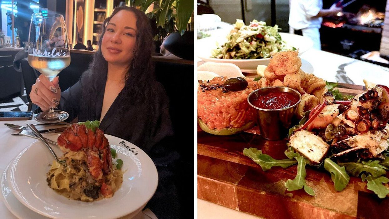 Plat du restaurant Mirela's. Droite : Plateau de fruits de mer au Mirela's.