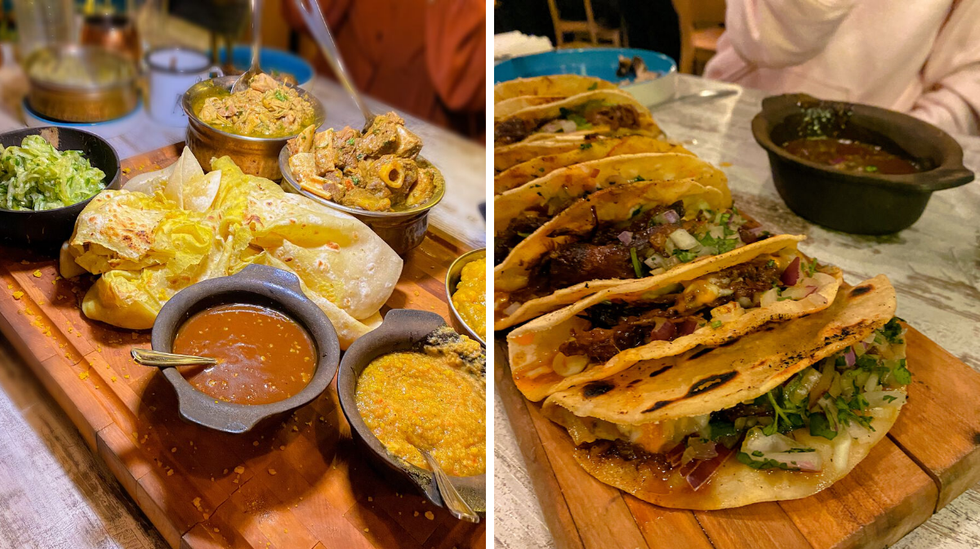 Plateau de d\u00e9gustation des Trinidad. Droite: Tacos de boeuf.