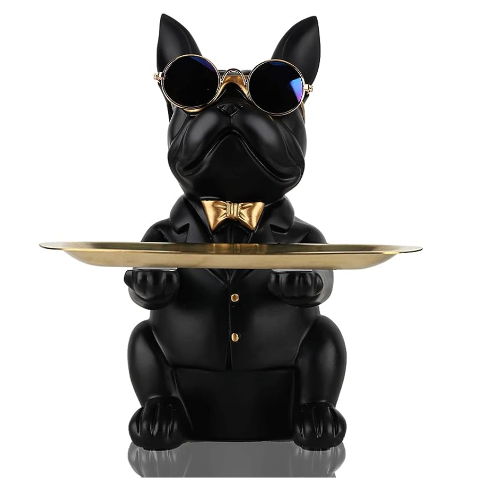 Plateau de rangement moderne noir et dor\u00e9 en forme de chien.