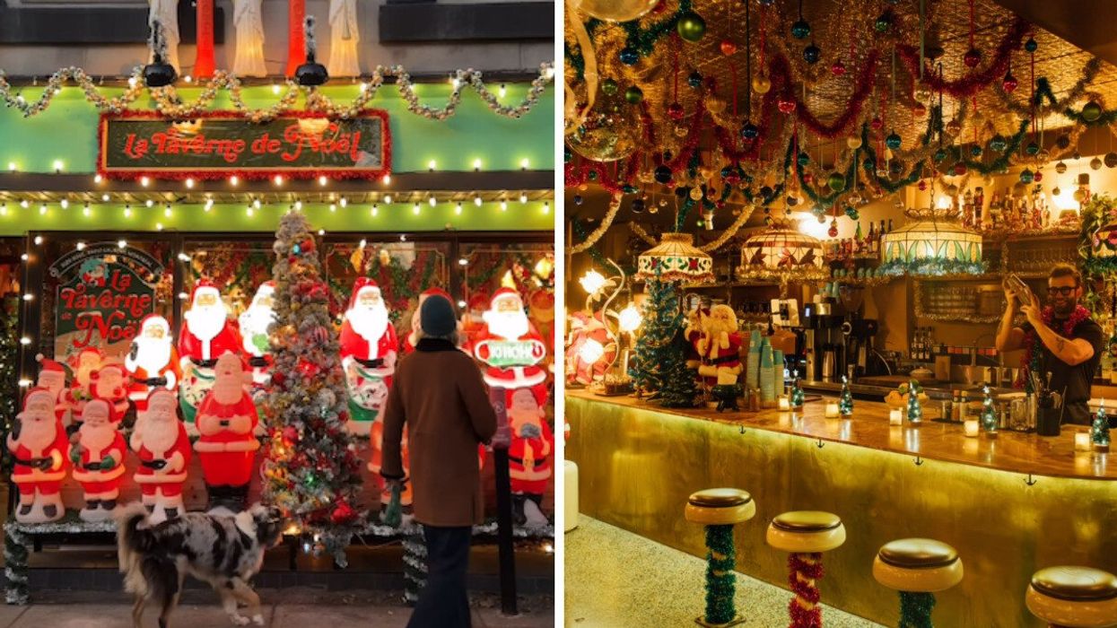 Plein de père-Noëls illuminés. Droite : un bar au décor de Noël vintage.