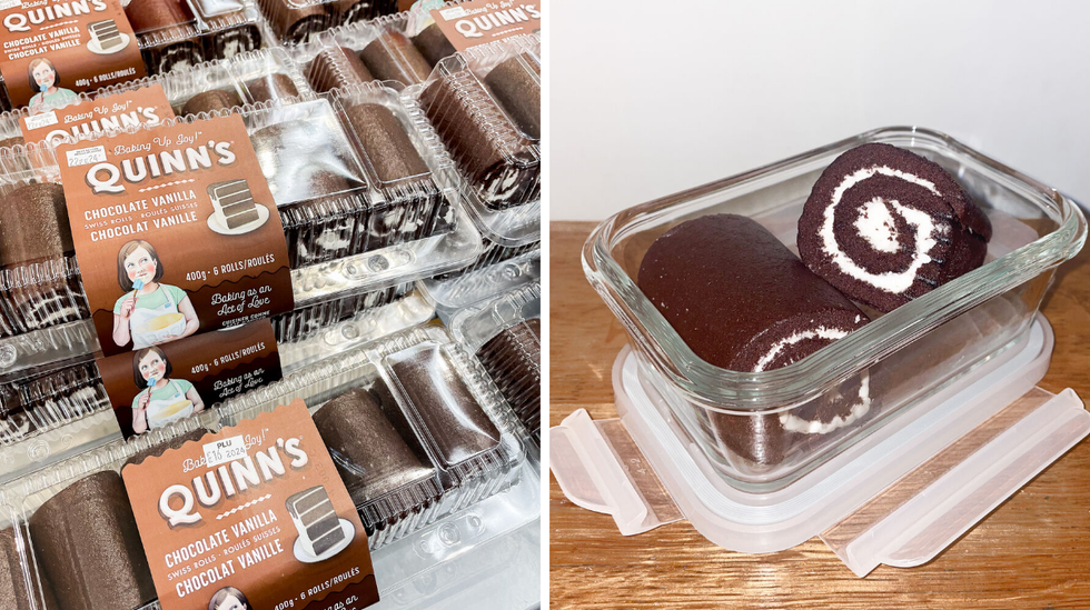 Plusieurs emballages de g\u00e2teaux roul\u00e9s suisses. Droite : deux g\u00e2teaux roul\u00e9s suisses dans un contenant de verre.