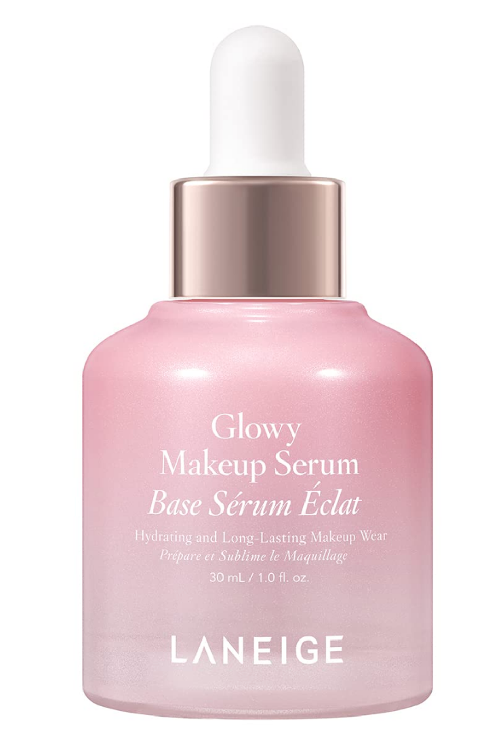 Pot rose p\u00e2le de marque LANEIGE, contenant la base s\u00e9rum \u00e9clat.