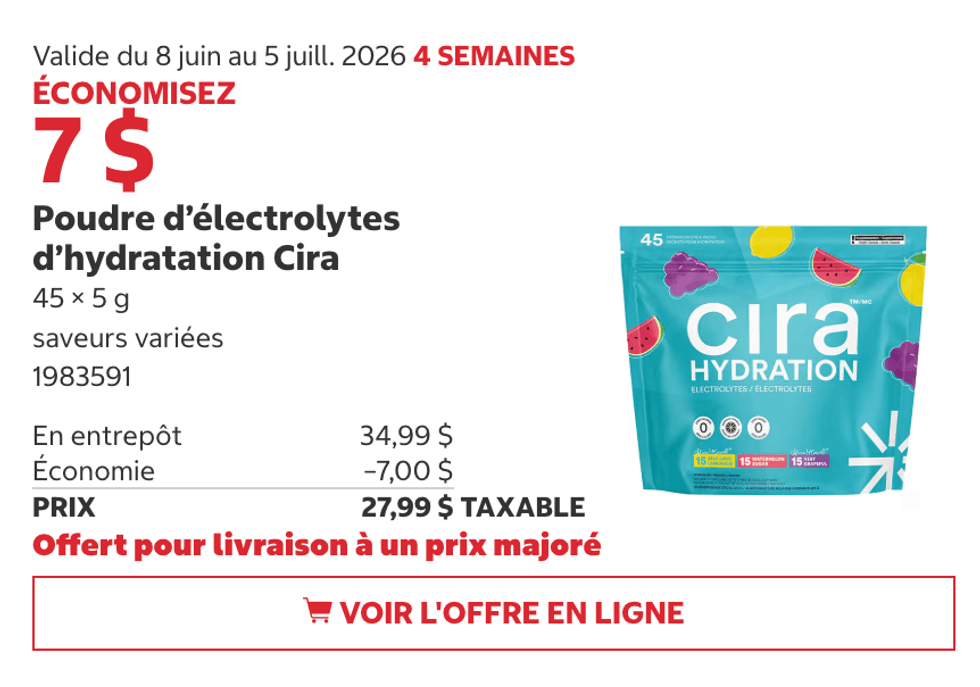 Poudre d\u2019\u00e9lectrolytes d\u2019hydratation Cira saveurs vari\u00e9es au Costco.