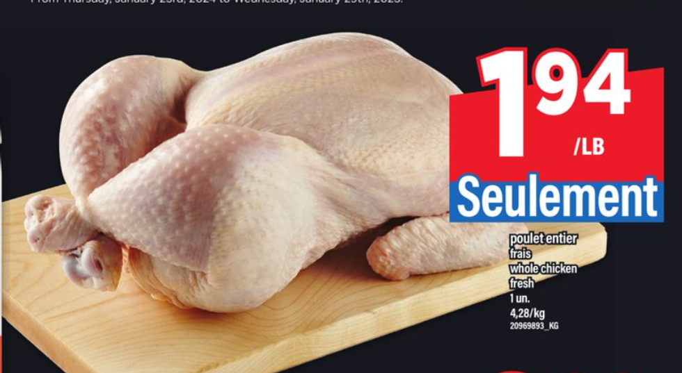 Poulet entier en rabais dans la circulaire du Maxi.