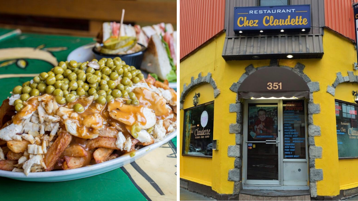 Poutine. Droite : Façade du resto Chez Claudette.