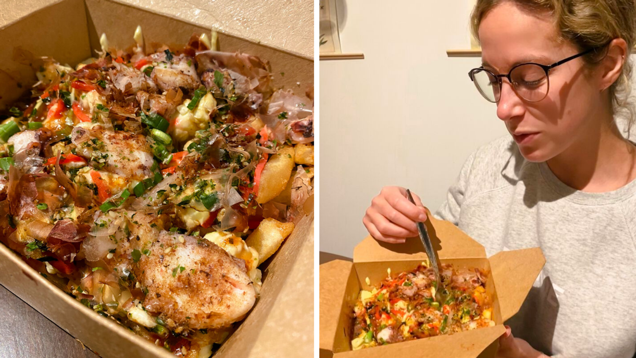 Poutine Tonkiyaki. Droite : Françoise et la poutine Tonkiyaki.