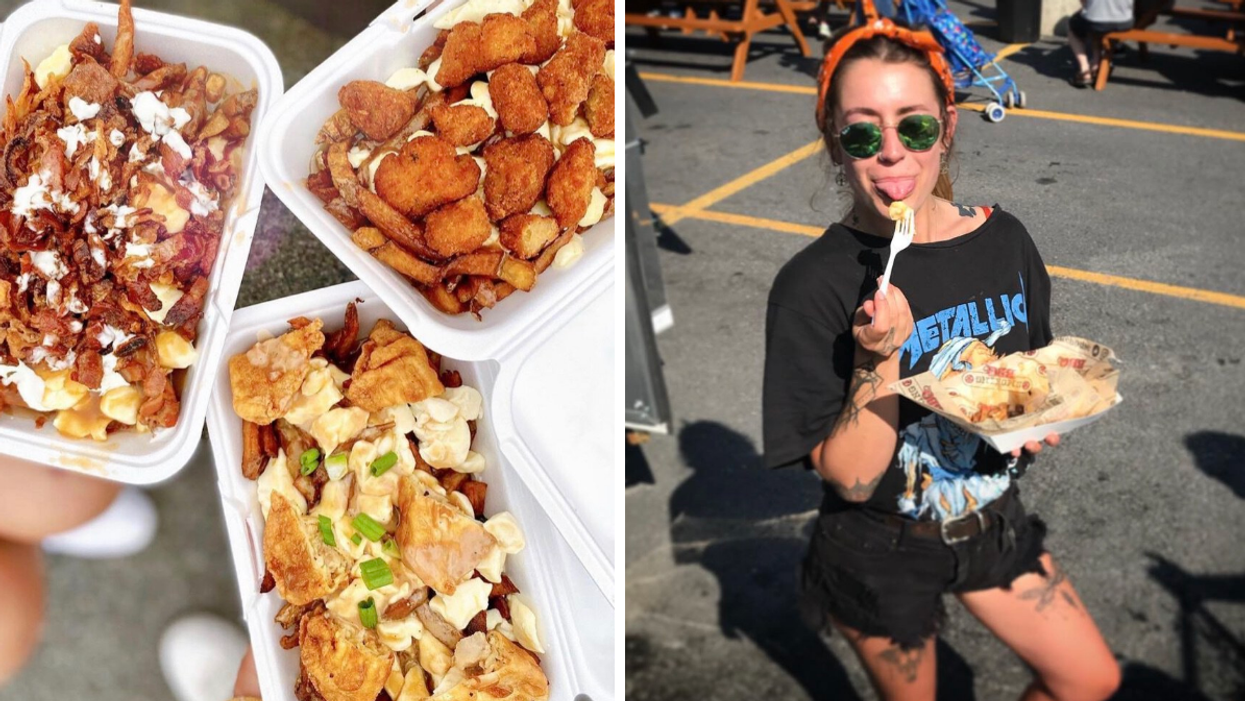 Poutines. Droite: Femme mangeant une poutine.
