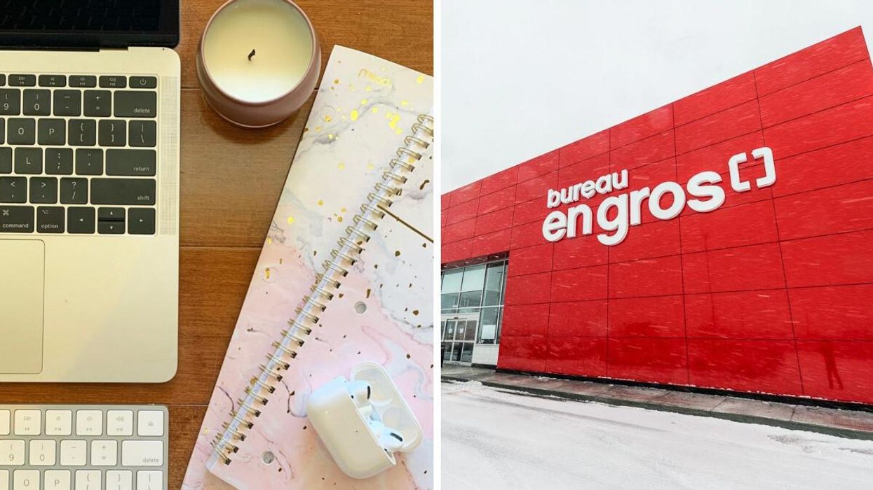 Produits Apple. Droite : Façade d'un magasin Bureau en Gros.