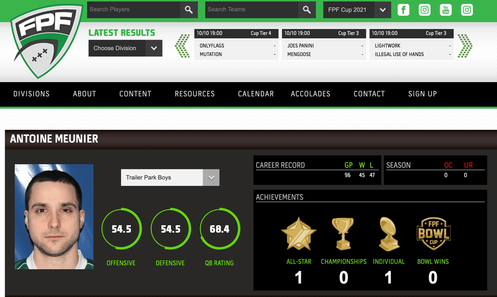 Profil d'Antoine Meunier sur le site Web de la ligue FlagPlus Football.