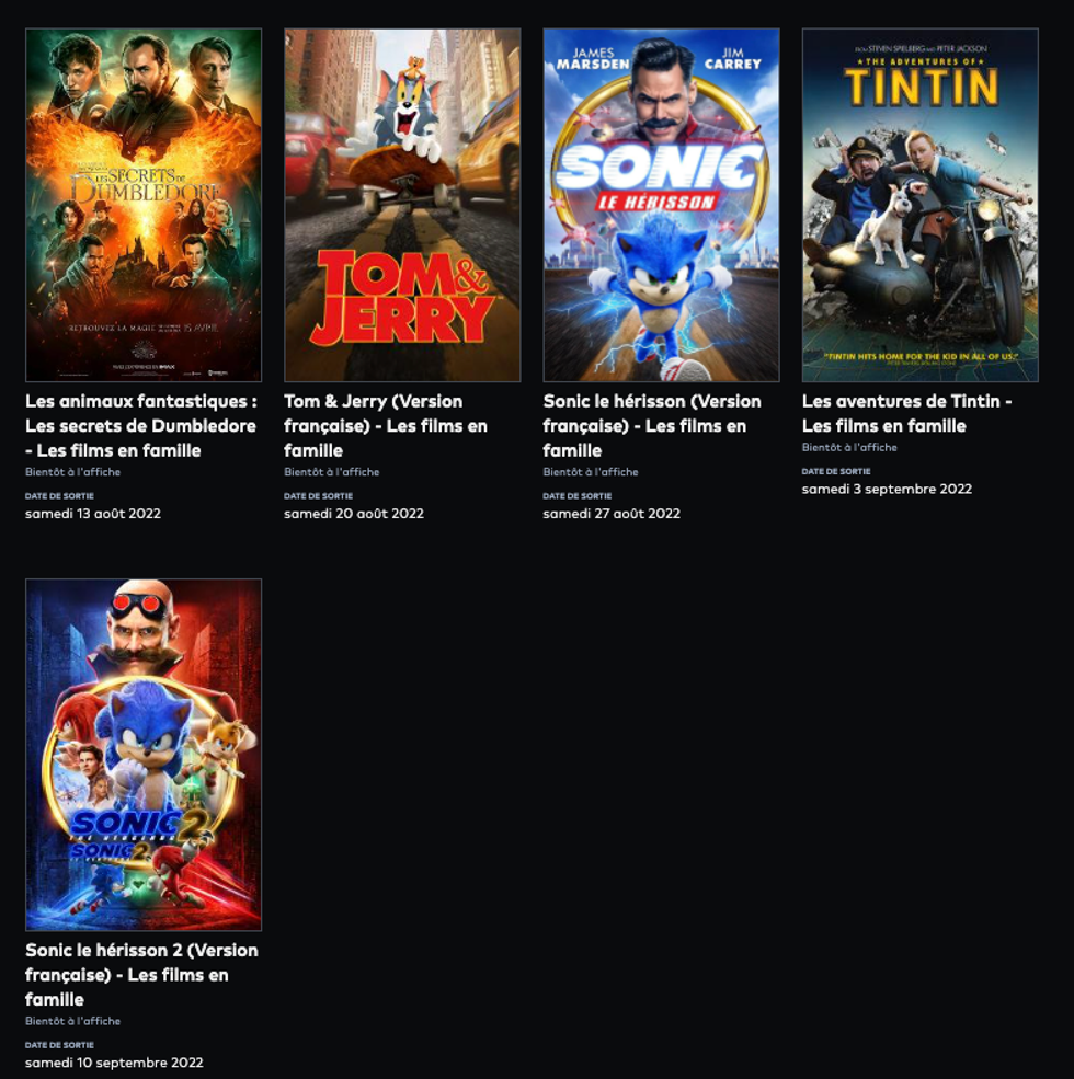 Programmation Films en famille de Cin\u00e9plex.