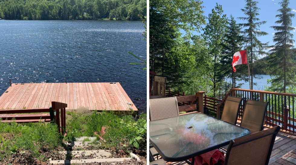 Quai en bois. Droite : Patio.