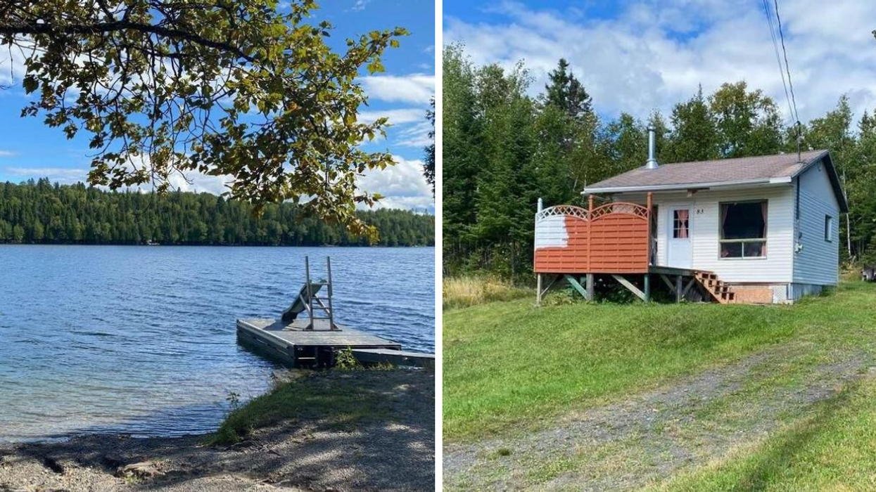 Quai sur l'eau. Droite : Petit chalet.