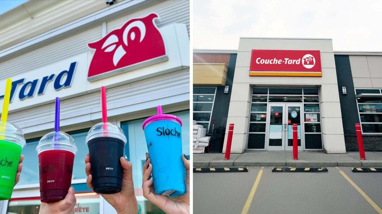 Quatre boissons Sloche de couleurs vives tenues devant un dépanneur Couche-Tard au Québec. Droite: Entrée principale d’un dépanneur Couche-Tard avec le logo rouge et blanc bien visible sur la façade.