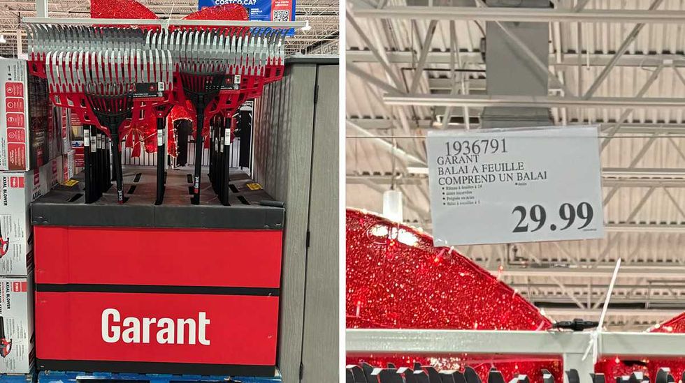 R\u00e2teaux \u00e0 feuilles avec balai Garant vendus chez Costco. Droite : Affiche de prix Costco pour les r\u00e2teaux \u00e0 feuilles.