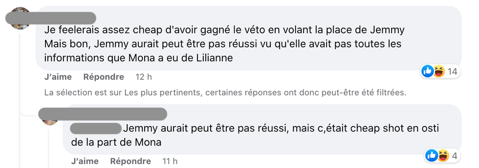 R\u00e9actions apr\u00e8s l'immunit\u00e9 de Mona.