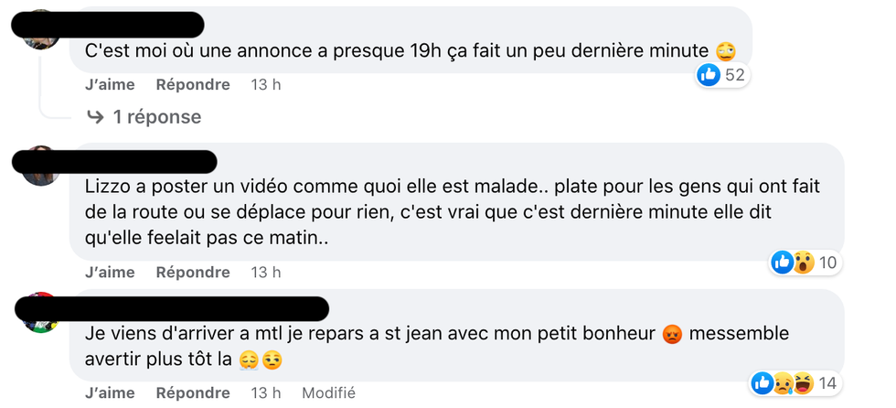 R\u00e9actions suite \u00e0 l'annulation du spectacle de Lizzo.