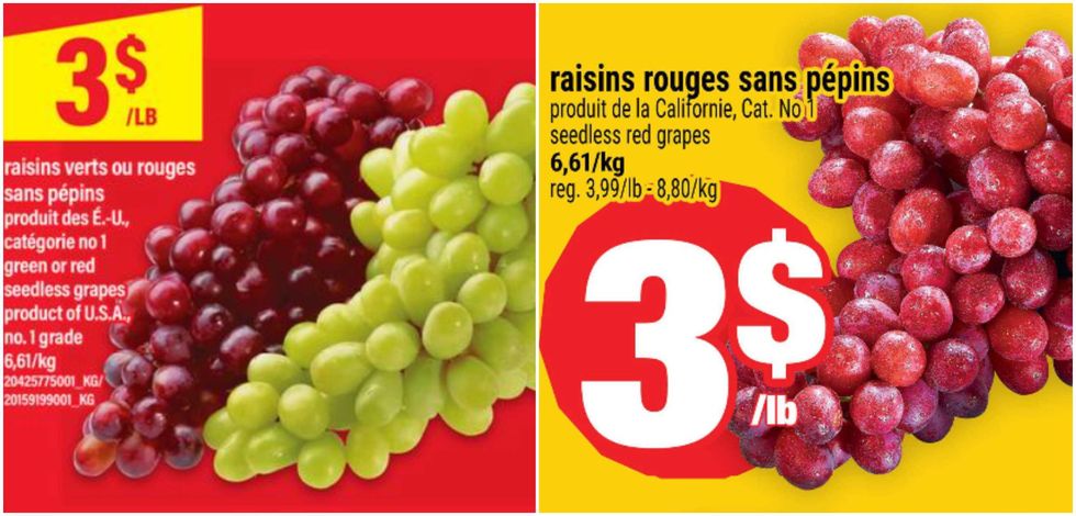 Raisins rouges et verts sans p\u00e9pins en rabais au Maxi. Droite : Raisins rouges sans p\u00e9pins en rabais au Super C.